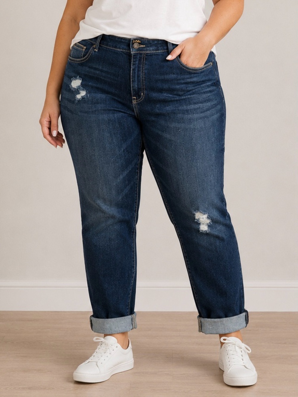Lee Jeans Size 18W Dark Blue Relaxed Jeans Cuffed Hem Distressed